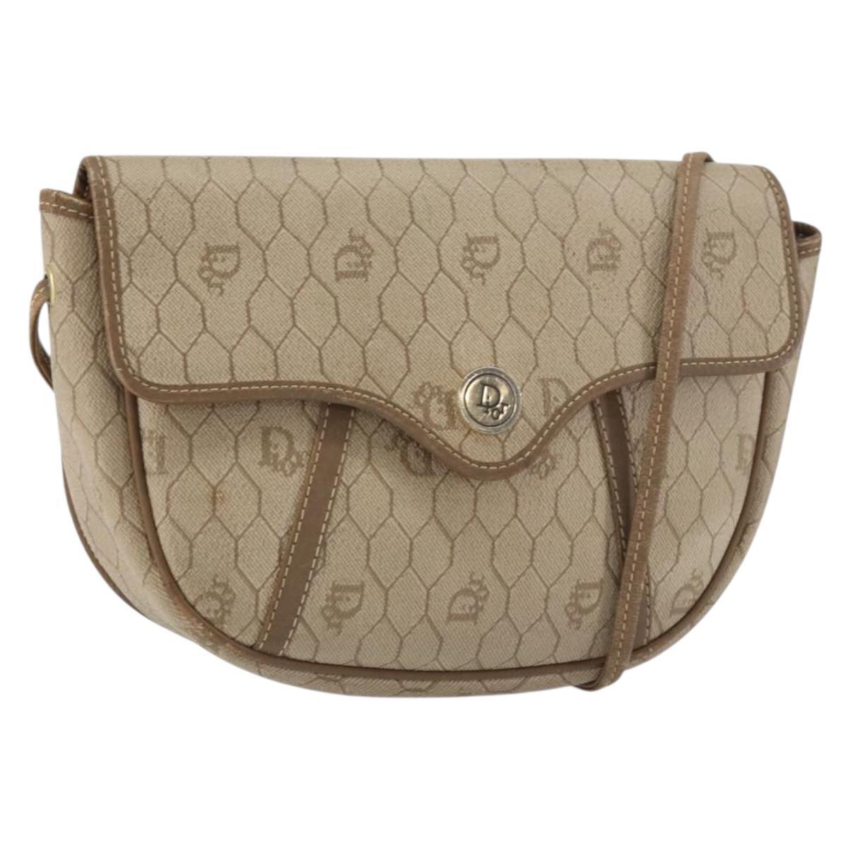 Christian Dior Honeycomb Canvas Shoulder Bag Pvc Beige Gold Auth Ti3528
